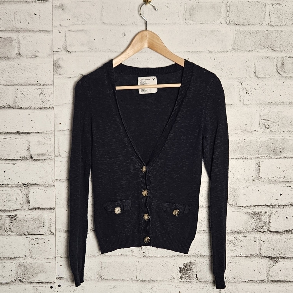 American Eagle Navy Button-Up Cardigan XS | Cotton Knit V-Neck Sweater